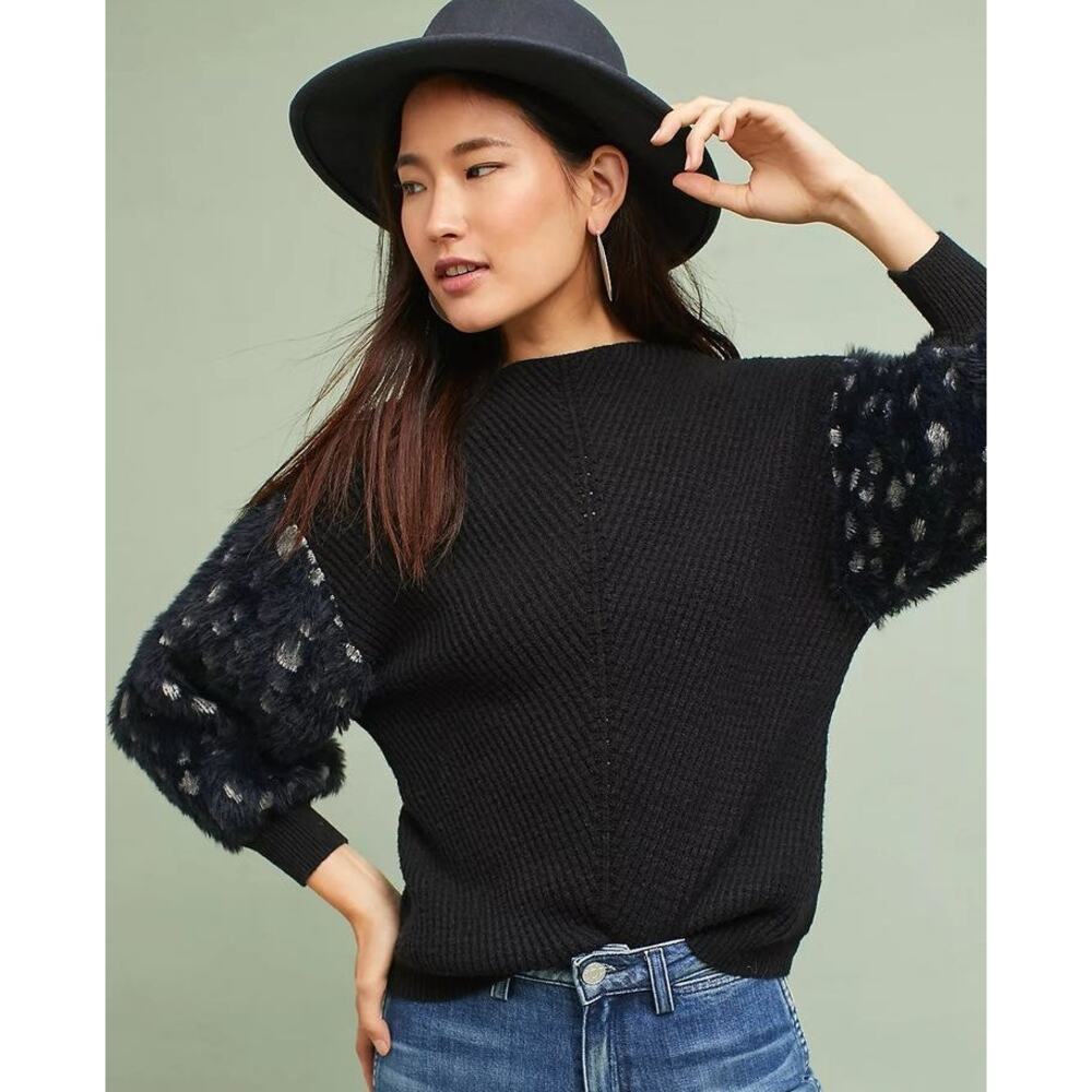 Anthropologie Knitted & Knotted Mock Neck Fuzzy Spotted Print Sleeve Sweater